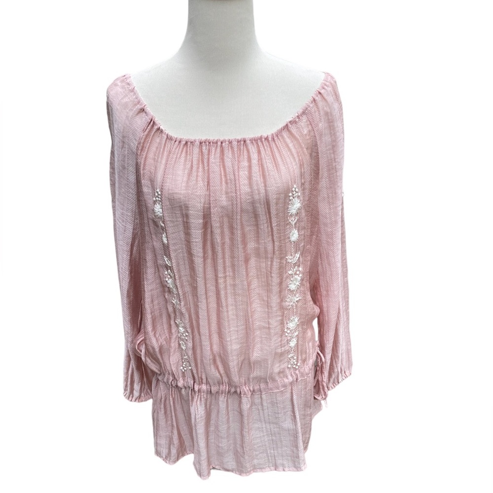 NICK & MO Embroidered Pink Blush Sheer  Drop Waist Peasant Blouse